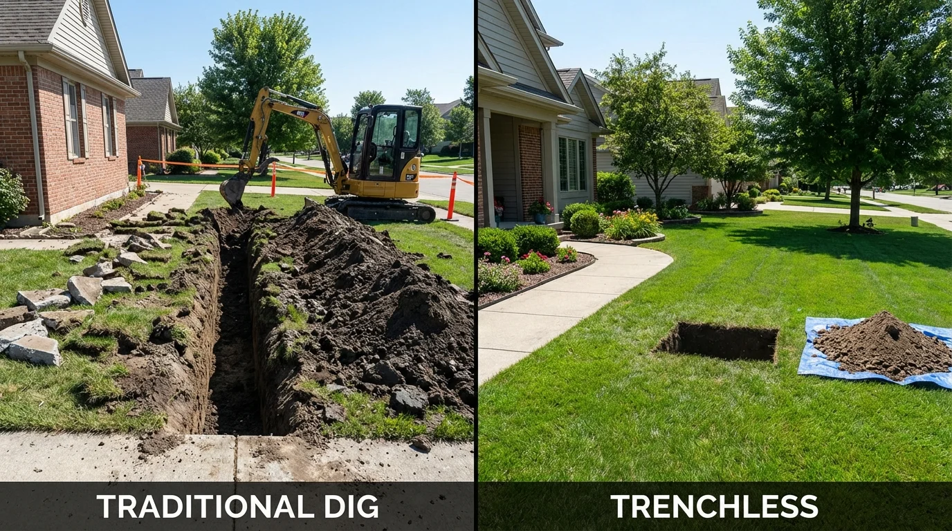 Trenchless sewer repair with minimal yard damage versus traditional excavation in Hartford, SD